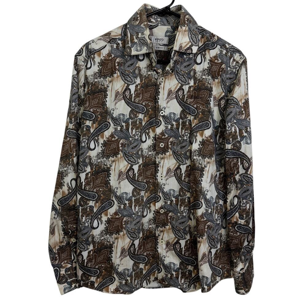 Kenzo Paris Slim Fit Dress Shirt Mens 39 15 Brown Paisley Long Sleeve Button Up